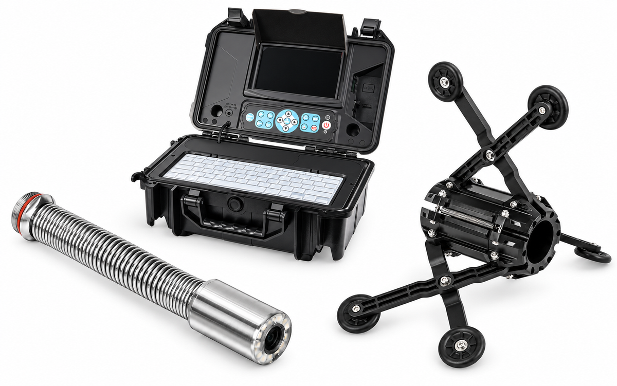 Inspection camera head, monitor control box and universal roller skid