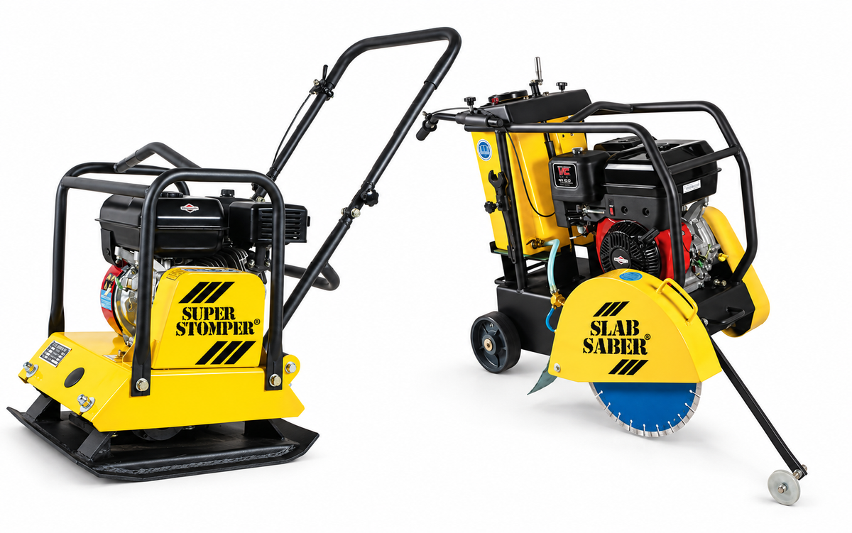 Super Stomper compactor and Slab Saber concrete saw